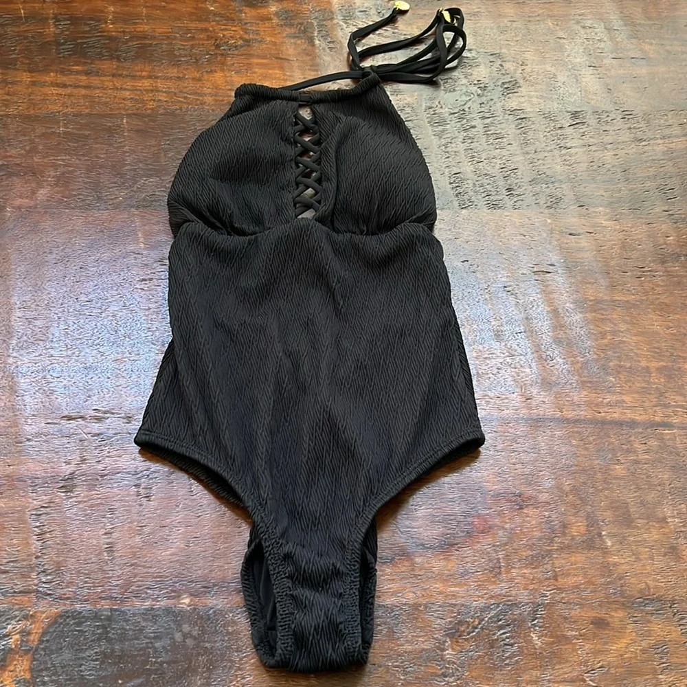 SHOSHANNA One Piece Swimsuit Embossed Rhombus Lattice Textured Black 0-XS